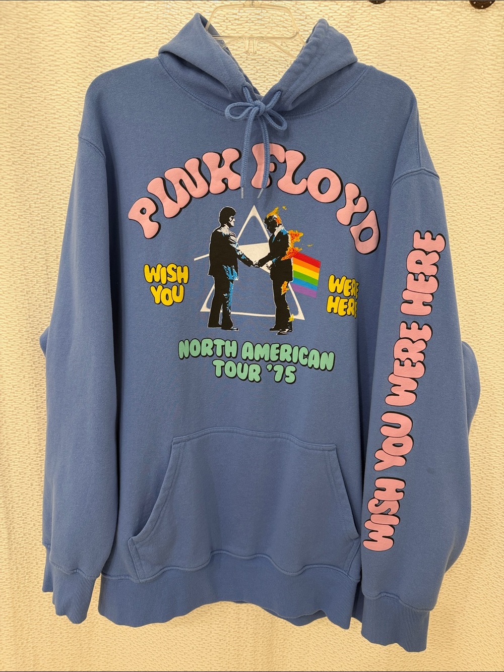 Pink Floyd Blue Hoodie with Pink Sleeve Text and Rainbow Prism Graphic